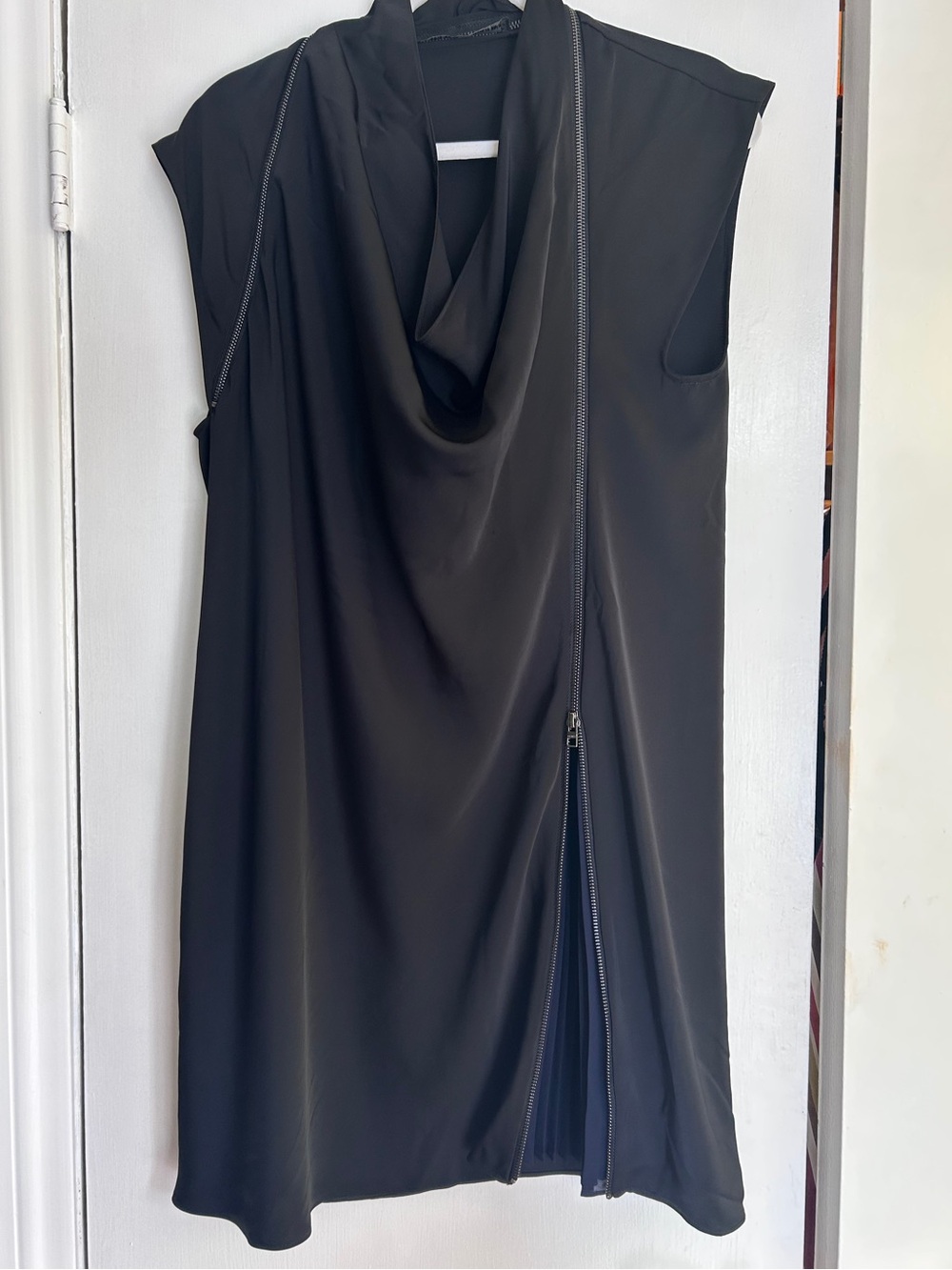 AllSaints Black Draped Neck Dress. Zipper and navy pleat details, sz 12